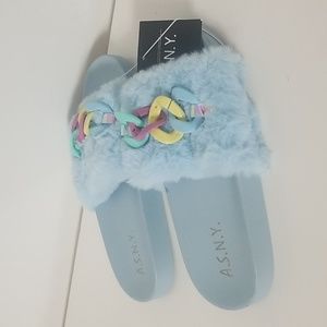 Blue Faux Fur Slippers/Sandals- 8